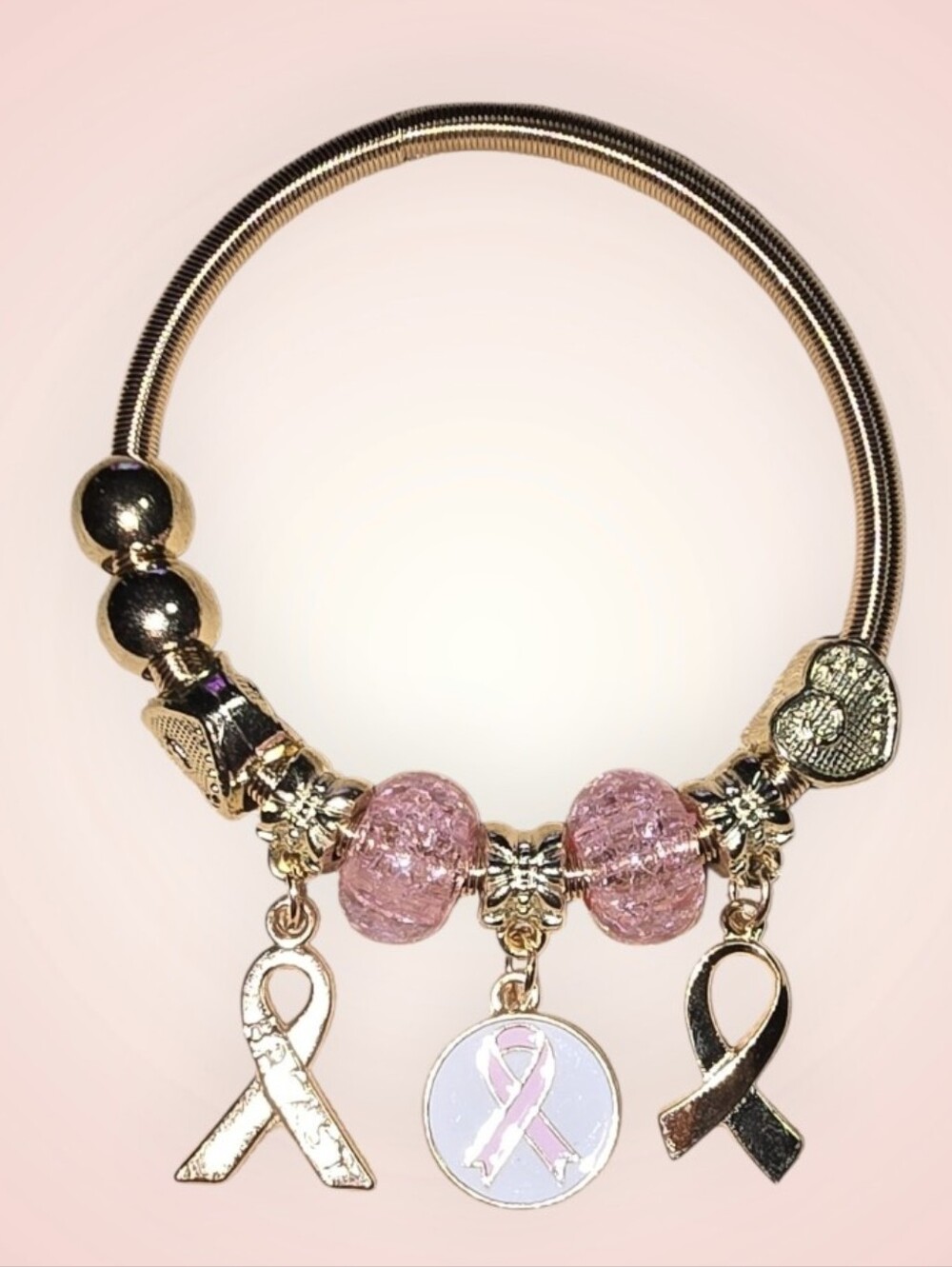 Gold-Tone Pink Ribbon Charm Bracelet - Breast Cancer Support